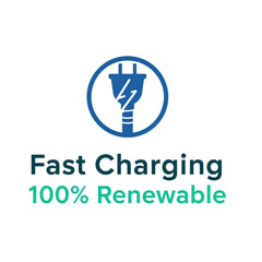 EV charging station icon with renewable energy symbol, flat vector label.