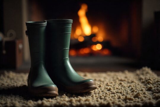 Drying by the Fireplace Close up shot of a pair of slightly worn but dry wellington boots placed on a textured rug in front of a warm, softly glowing fireplace. Embers are visible within the fire. The