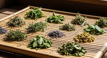 Assortment of Dried Herbs and Flowers on Bamboo Mat