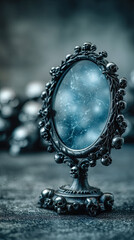 Ornate black mirror with skull motifs reflecting a mysterious ambiance and dark aesthetic