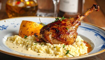 Duck Confit with Risotto and Apple Puree on a Plate.