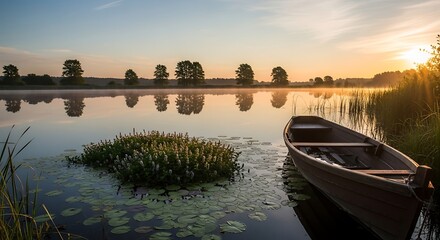 Fototapeta premium Serene Sunrise Over a Misty Lake with a Rowboat