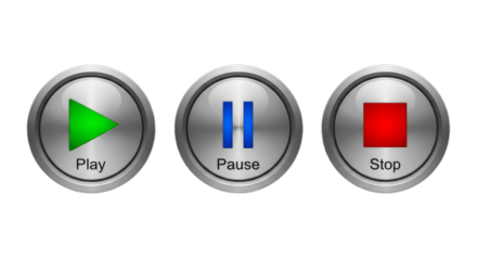 Set of three different buttons — play, pause, and stop isolated on white background, modern multimedia control icons for video, music, and audio player interfaces, digital media UI design concept