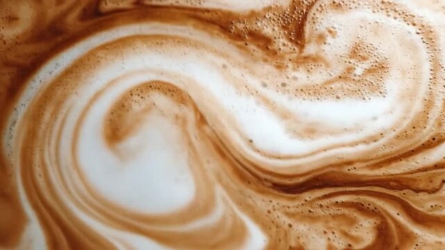 A close-up view of swirling coffee and milk foam creating a rich, creamy texture, showcasing the interplay of colors and patterns, ideal for beverage-related content