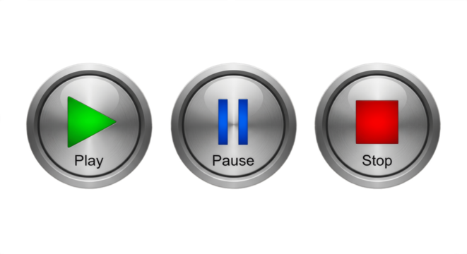 Set of three different buttons — play, pause, and stop isolated on white background, modern multimedia control icons for video, music, and audio player interfaces, digital media UI design concept - Powered by Adobe