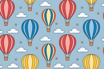 Cute watercolor seamless pattern with striped hot air balloons and soft clouds. Perfect for nursery wallpaper, kids room decor, textile design.