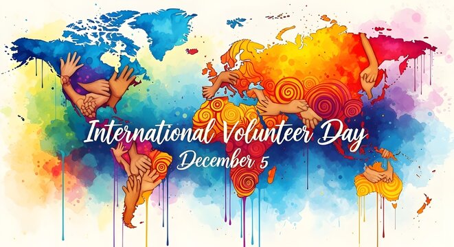 Colorful Watercolor World Map Banner for International Volunteer Day December 5 - Powered by Adobe