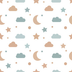 Seamless pattern with stars, moons, and clouds on a white background. © okta88