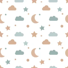 Seamless pattern with stars, moons, and clouds on a white background. © okta88