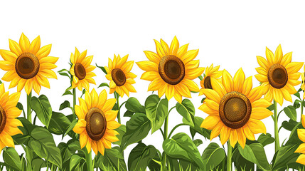 Illustration of bright yellow sunflowers blooming in a sunny field on a transparent background