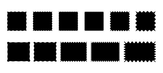 A set of frames with jagged, wavy edges, black silhouette of geometric shapes, vector illustration. Square, rectangular empty element, shape for design, decorations, borders with a place for text