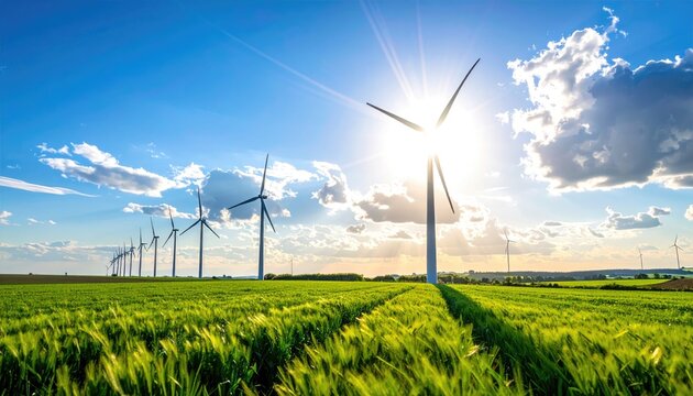Bright Sun Shining Over Wind Turbines in a Green Field Under a Blue Sky with White Clouds