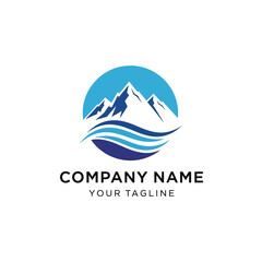 A circular logo featuring snow-capped mountains above blue waves, symbolizing nature and adventure.