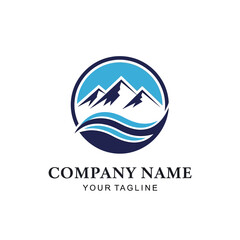 A circular logo featuring stylized blue mountains and dark blue waves, with placeholder text 'COMPANY NAME' and 'YOUR TAGLINE' below.