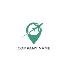 A green logo featuring an airplane soaring through a location pin, representing travel and destinations.