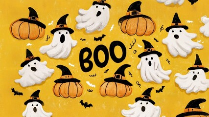 Fototapeta premium Vibrant Halloween wallpaper featuring cute ghosts in witch hats, pumpkins, bats on yellow background. Perfect for seasonal decor, cards, prints. Trendy, spooky, marketable design