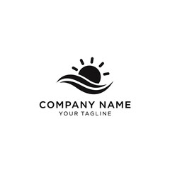 Black and white logo featuring a sun rising over stylized ocean waves, with company name and tagline.
