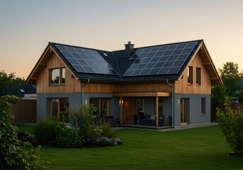Fototapeta premium Solar Roof Panels o Modern Eco House