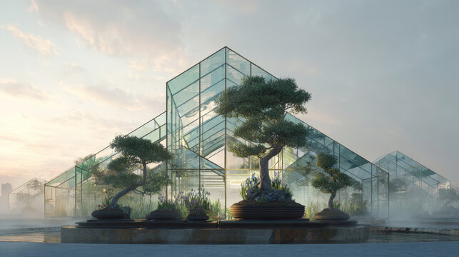 Modern glass greenhouse with bonsai trees and a misty sunrise. Combining futuristic architecture with traditional nature. Perfect for zen, ecology, architecture, and urban concepts