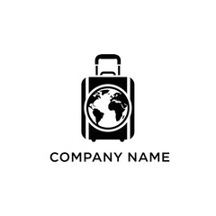 A minimalist black and white logo design featuring a suitcase with a globe, symbolizing global travel and tourism.