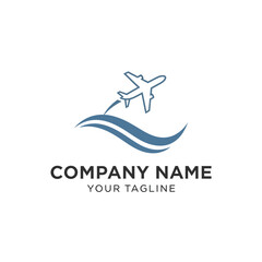 A logo featuring an airplane taking off over stylized blue waves, representing travel.