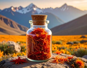 Small glass jar holding bright orange saffron threads, set against a mountain backdrop