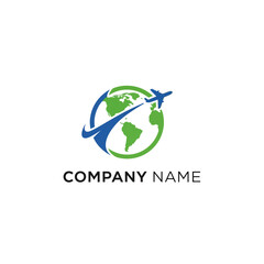 A stylized logo featuring a blue airplane flying around a green globe with a swooshing blue line.
