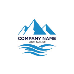 Obraz premium A blue logo featuring stylized mountains above wavy water, with space for company name and tagline.