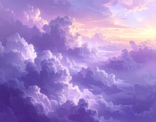 Soft, dreamy clouds glow with purples and pinks, bathed in sunlight