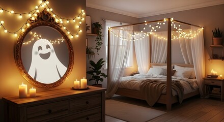 Cozy bedroom interior decorated with warm string lights and Halloween ghost reflection in mirror