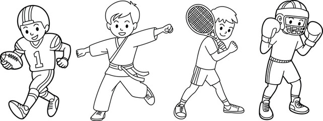 Boys sports illustration, kids athletic drawing, football martial arts tennis boxing sketch, childhood fitness artwork, educational sports graphic, active lifestyle art