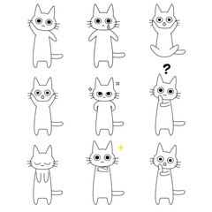 白猫キャラクターの感情表現セット｜コミュニケーションやSNSスタンプに使えるかわいい猫のベクターイラスト,表情集