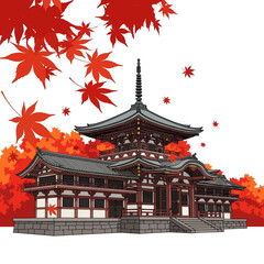 Obraz premium A traditional Japanese temple with a pagoda surrounded by vibrant red autumn maple leaves.
