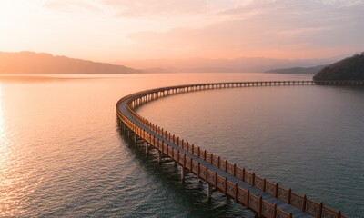 Obraz premium Sunrise over a curved wooden boardwalk extending across a calm lake