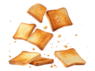 Delicious golden crispy toast bread slices flying. dynamic breakfast food snack isolated in air with scattered falling crumbs