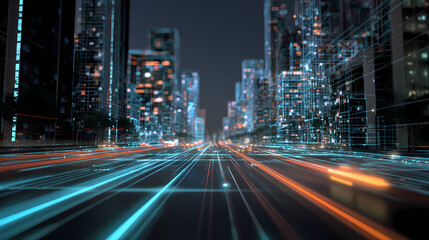 Cityscape lit up with glowing lights, with long exposure trails of light from vehicles in motion. A modern cityscape at night