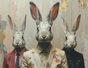 Three anthropomorphic rabbits wear suits against a textured wall