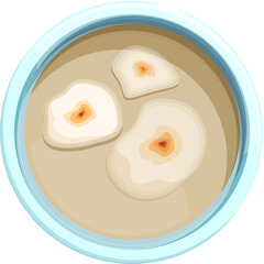 Top view of petri dish with light blue rim containing beige agar medium and three round white mold colonies with orange centers on transparent background