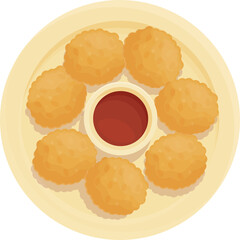 Top View Of Golden Brown Round Fried Snacks Arranged In Circle Around A Small Bowl Of Red Sauce On A Light Yellow Plate With A Transparent Background