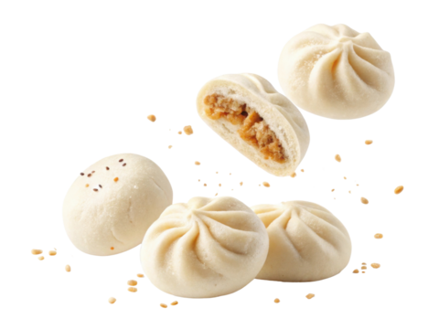 Delicious steamed bun food with savory meat filling. tasty Chinese dumpling snack, isolated on transparency background for delicious meal