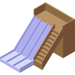 Isometric water slide structure with brown base and blue slides and stairs on a white background detailed vector illustration