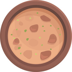 Top View Of A Rustic Ceramic Bowl Filled With A Thick Stew Containing Chunks Of Meat And Green Herbs On A Transparent Background