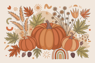 Pumpkin  Golden Harvest Illustration – Fall Nature and Sun Composition