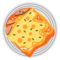 Top View Of A Single Slice Of Pizza With Ham And Cheese Toppings Served On A White Plate With Gray Rim And Green Garnish On A Transparent Background
