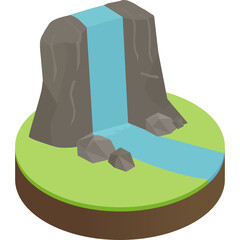 Isometric Waterfall Digital Art On Green Land With Brown Base Isolated On White Background Clear Blue Water Falling Down Grey Rocks
