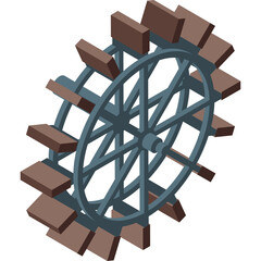 Isometric Water Wheel Illustration with Brown Wooden Paddles and Gray Metal Spokes on a White Background