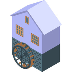 Isometric Watermill Building with Light Purple Roof and Stone Base Featuring a Wooden Wheel Illustration on Transparent Background
