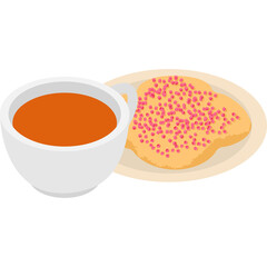Isometric White Cup Filled With Orange Liquid Beside Flat Bread Topped With Pink Sprinkles On A Beige Plate Against Transparent Background