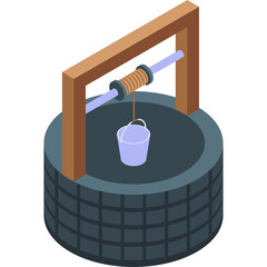 Isometric well with bucket raised by rope on wooden frame on transparent background simple pixel art illustration