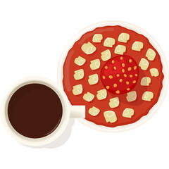 Top view of a steaming cup of dark coffee next to a vibrant red bowl filled with a hearty stew and topped with small rolled pasta shapes and a central portion of crushed tomatoes with seasonings